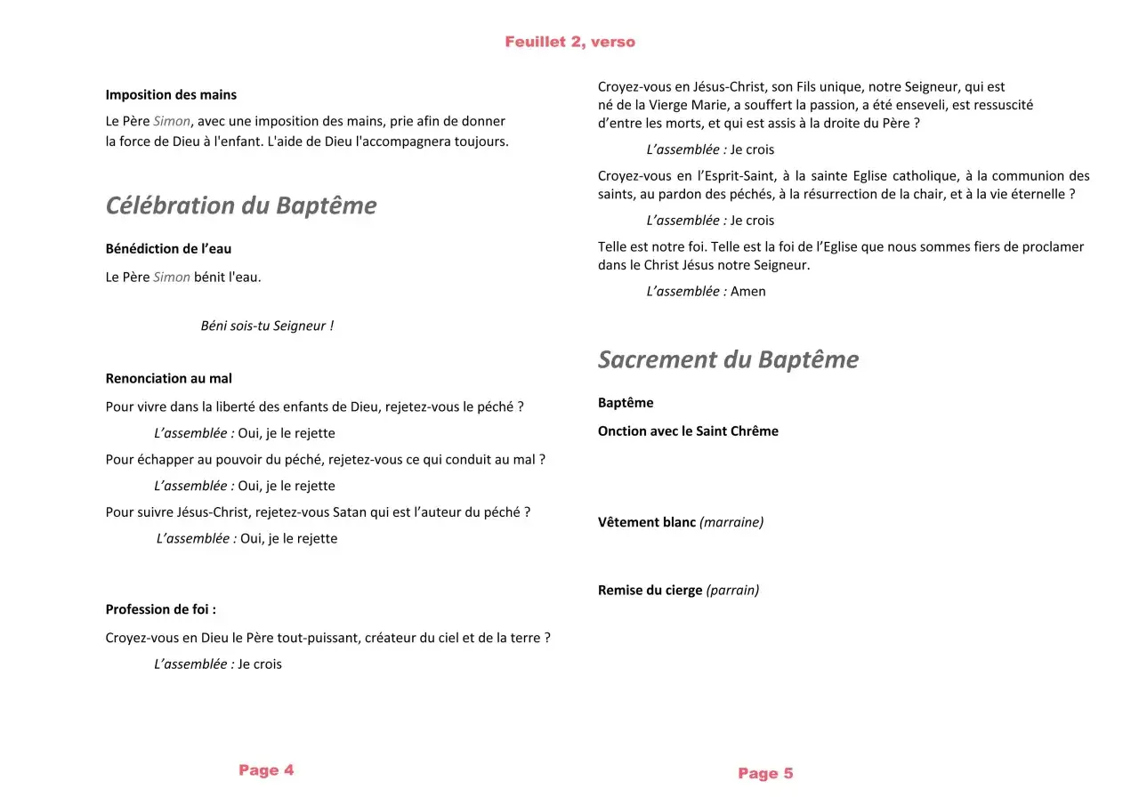 Extrait du livret de baptême à l'église : prières, profession de foi et rites comme la bénédiction de l'eau.