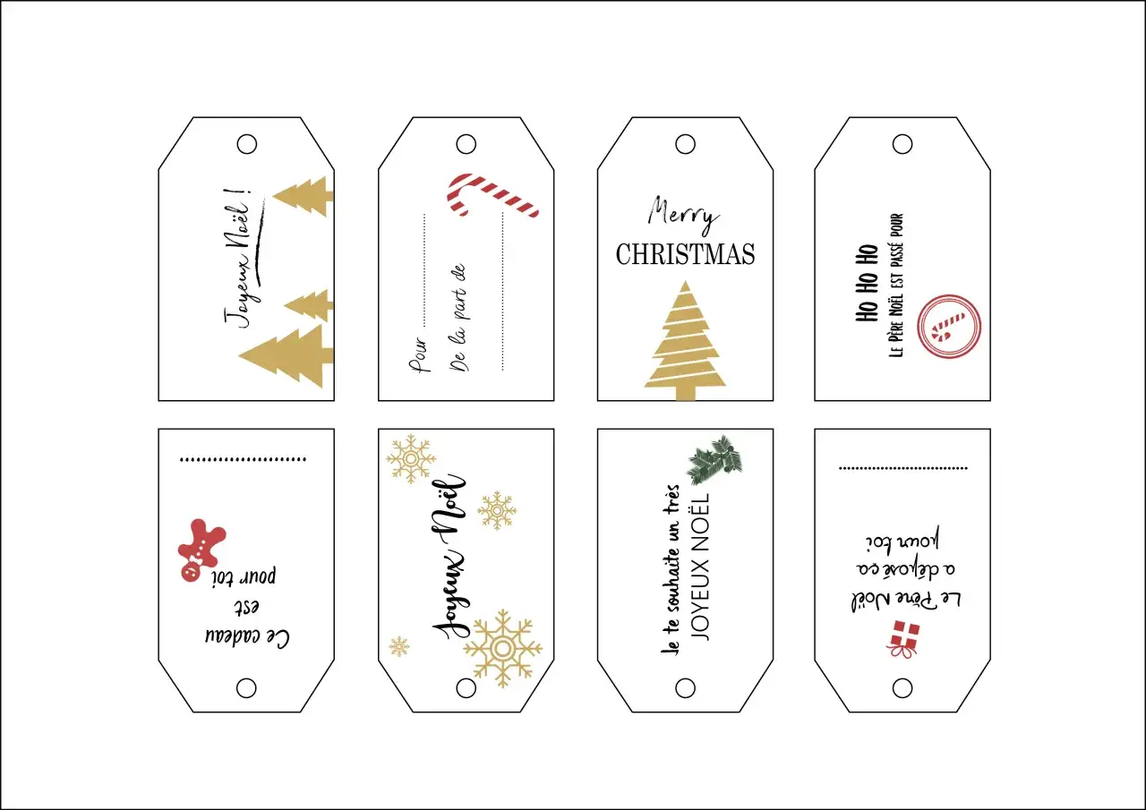 Ensemble d'étiquettes de Noël personnalisées à imprimer, avec des sapins dorés, des flocons, des bonhommes en pain d'épice et des messages joyeux.