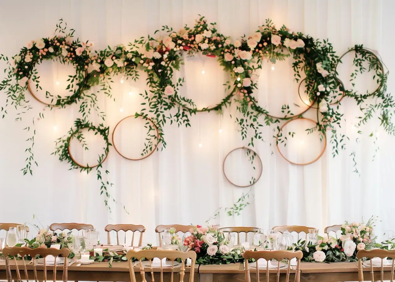 Décoration florale suspendue avec des cerceaux et des guirlandes lumineuses, parfaite pour un mariage diy. Table dressée avec élégance.