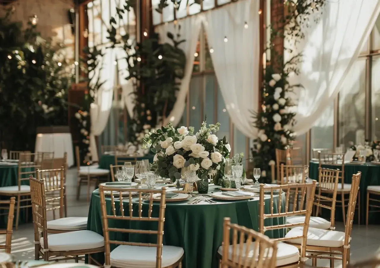 Tables dressées pour un mariage thème vert, avec nappes émeraude, centres de table floraux blancs et chaises dorées.