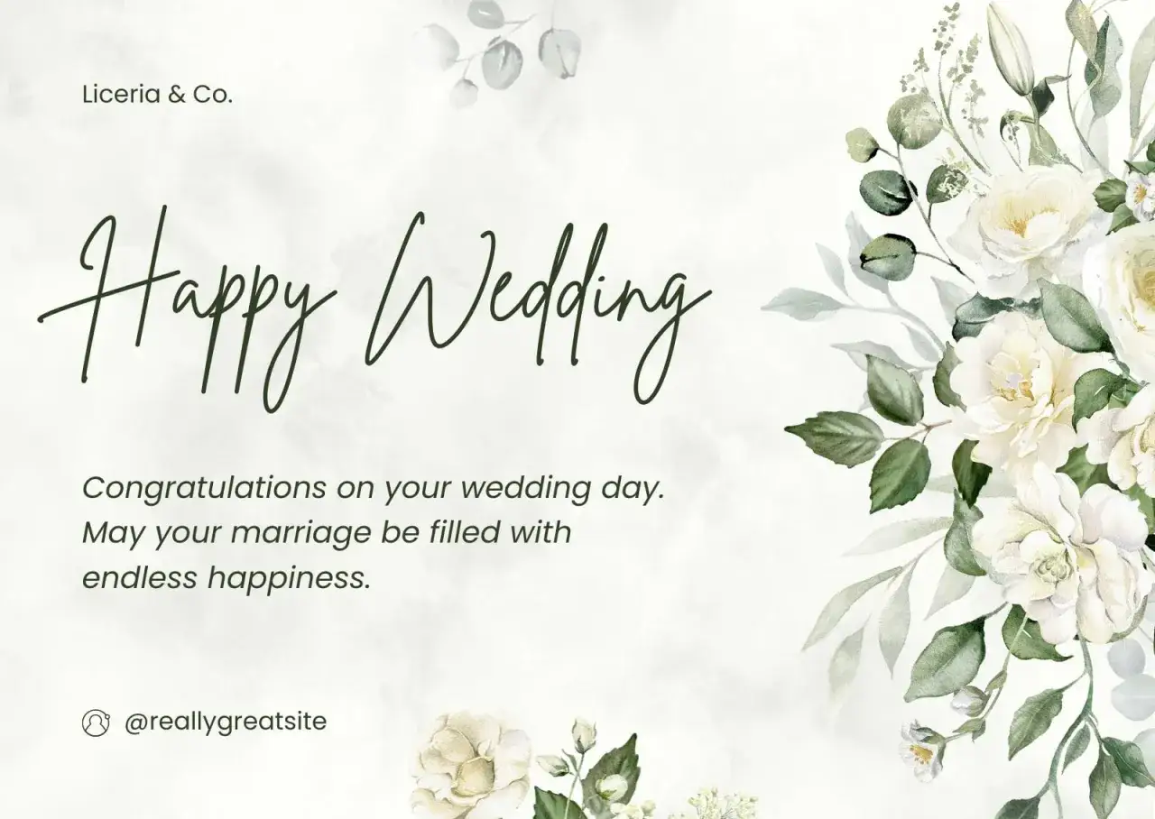 Carte de mariage classique avec fleurs blanches. 