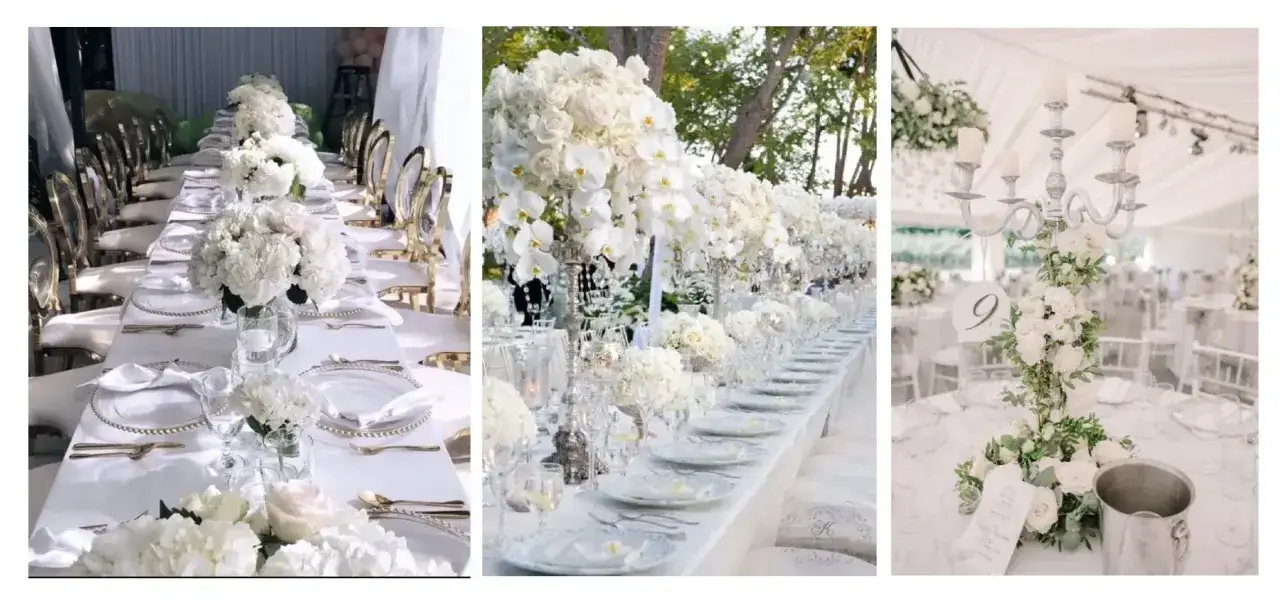 Tables dressées pour un mariage d'élégance, ornées de fleurs blanches et de dorures.
