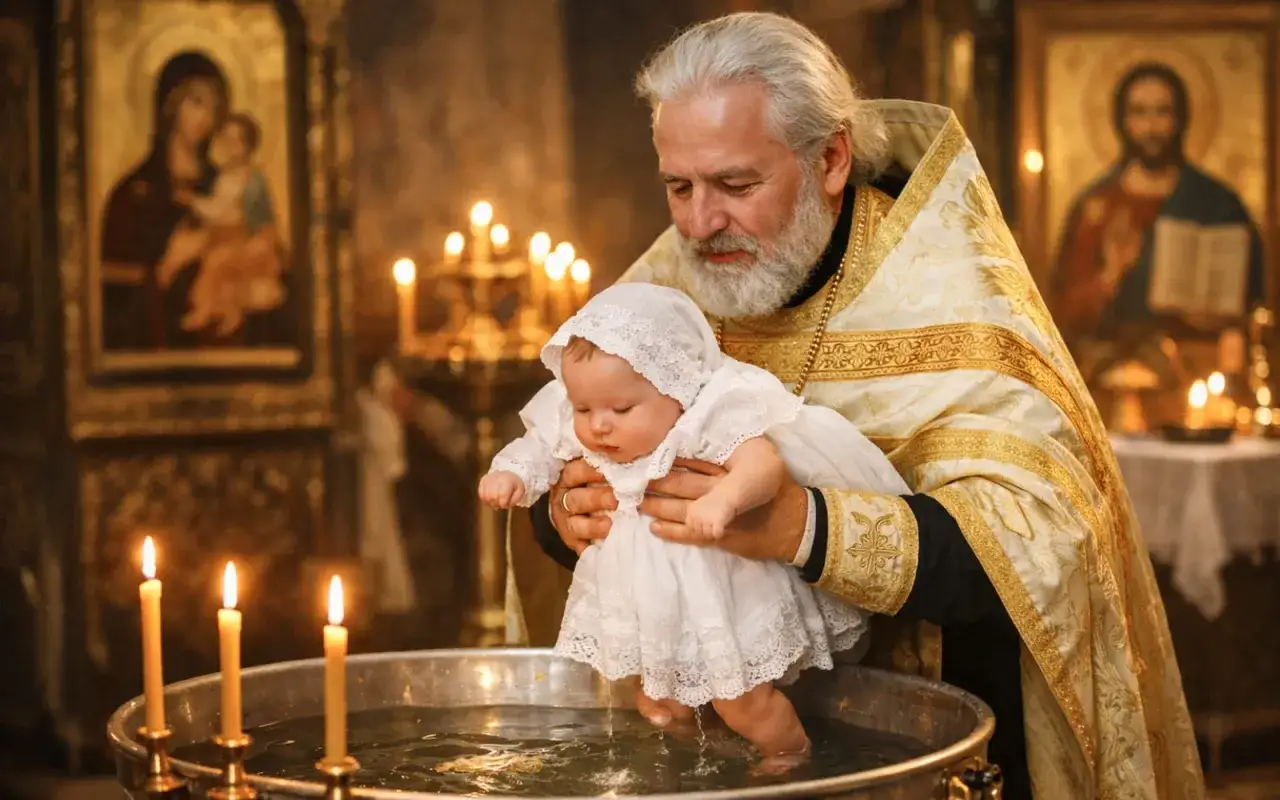Un prêtre orthodoxe tient un bébé en robe blanche au-dessus d'une cuve baptismale, entouré de bougies allumées. C'est un moment solennel de baptême orthodoxe.