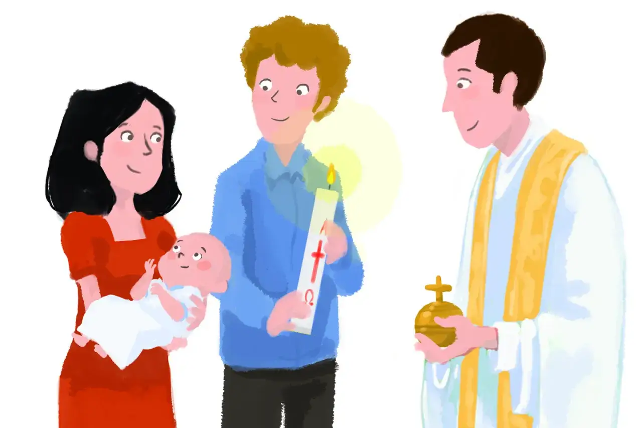 Une femme tient un bébé, un homme porte une bougie de baptême, et un prêtre tient un objet sacré. Une scène de baptême, peut-être avec une marraine de substitution.