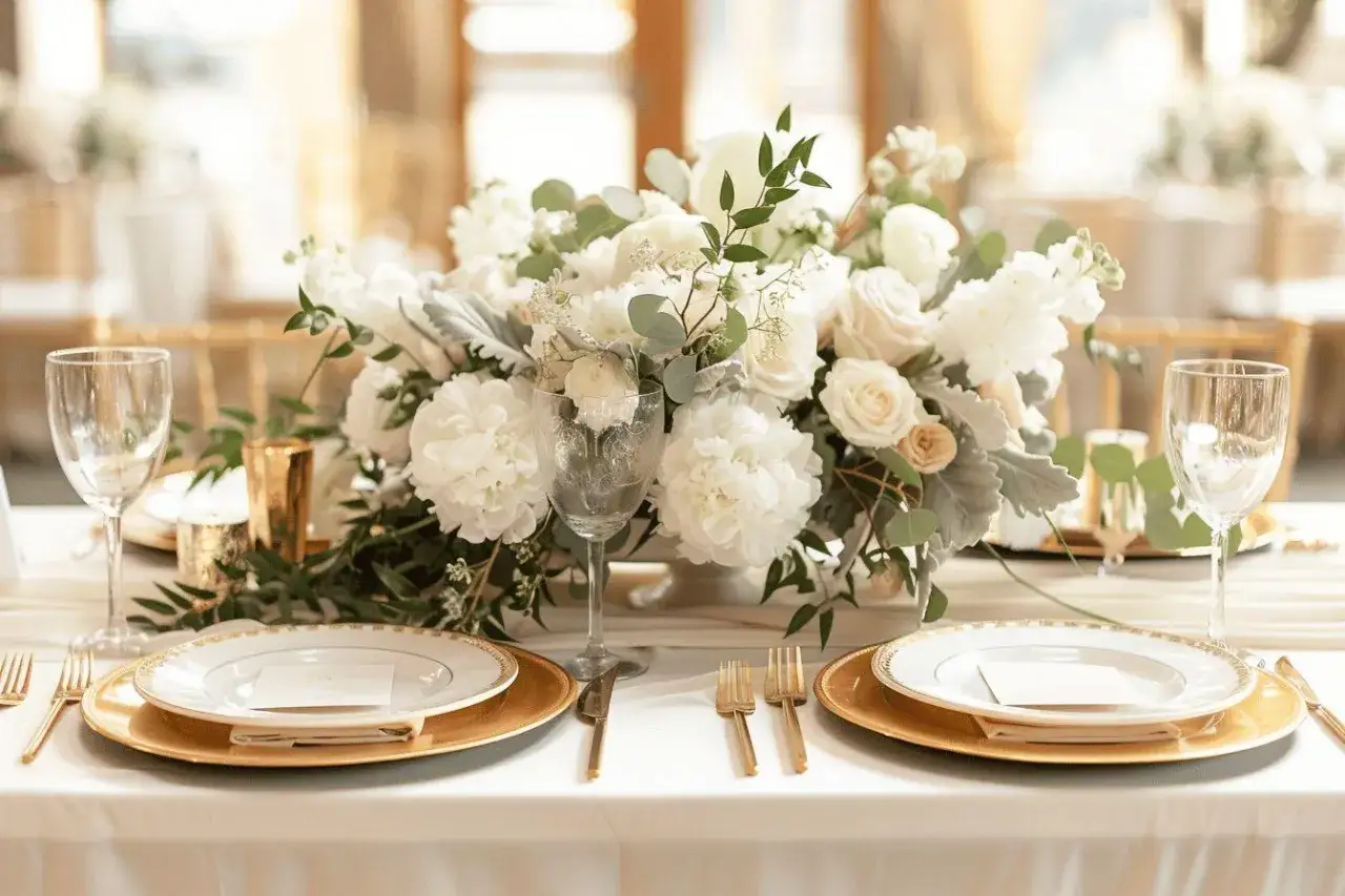 Table de mariage élégante avec centre de table floral blanc, vaisselle dorée et verres à pied. Idéal pour un champagne personnalisé mariage.