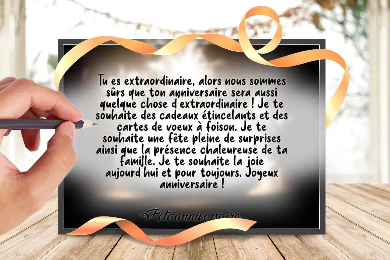 Un texte anniversaire sympa pour une personne extraordinaire, avec des vœux de cadeaux, de surprises et de joie familiale.