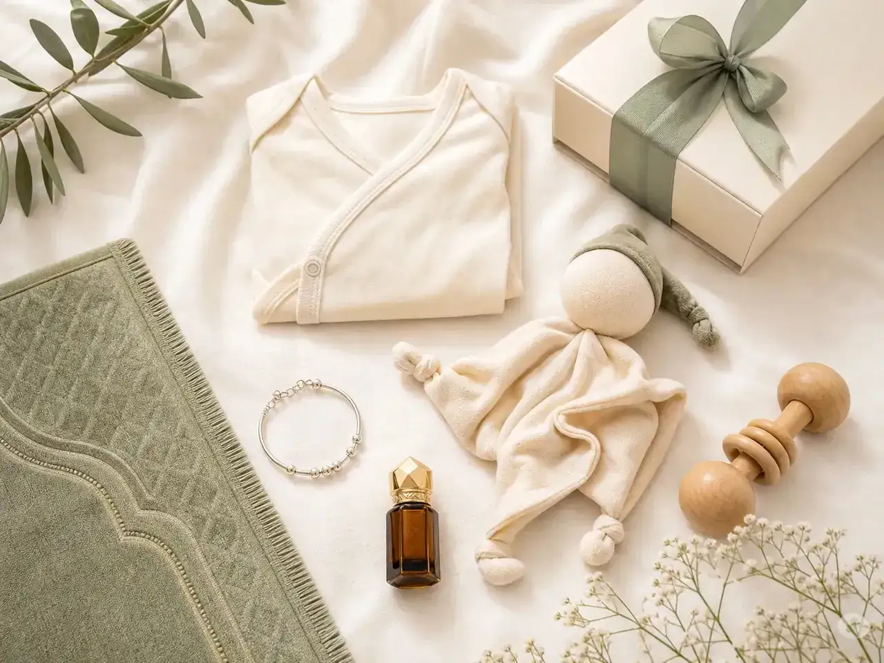Un coffret cadeau pour un nourrisson de 40 jours, avec une tenue, un doudou, un hochet, un tapis de prière et un parfum. Idéal pour une célébration islamique.