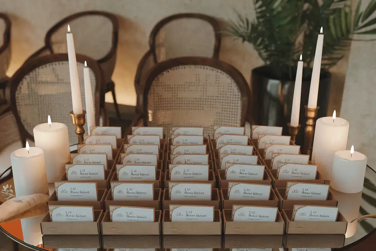 Ambiance chaleureuse pour un jeu des points communs mariage, avec des bougies allumées et des cartes d'invitation disposées dans des petits paniers en bois.