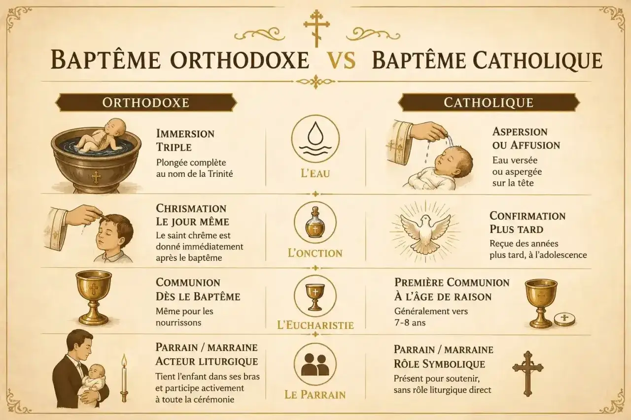 Comparaison des rites du baptême orthodoxe et catholique, de l'immersion à la communion, en passant par le choix du prénom.