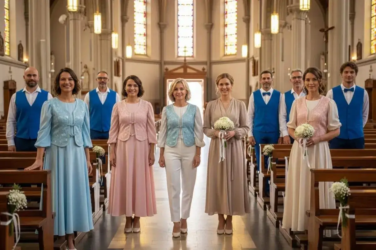 Des femmes en tenues élégantes et des hommes en costumes bleus dans une église. Idées pour comment s'habiller pour une communion.
