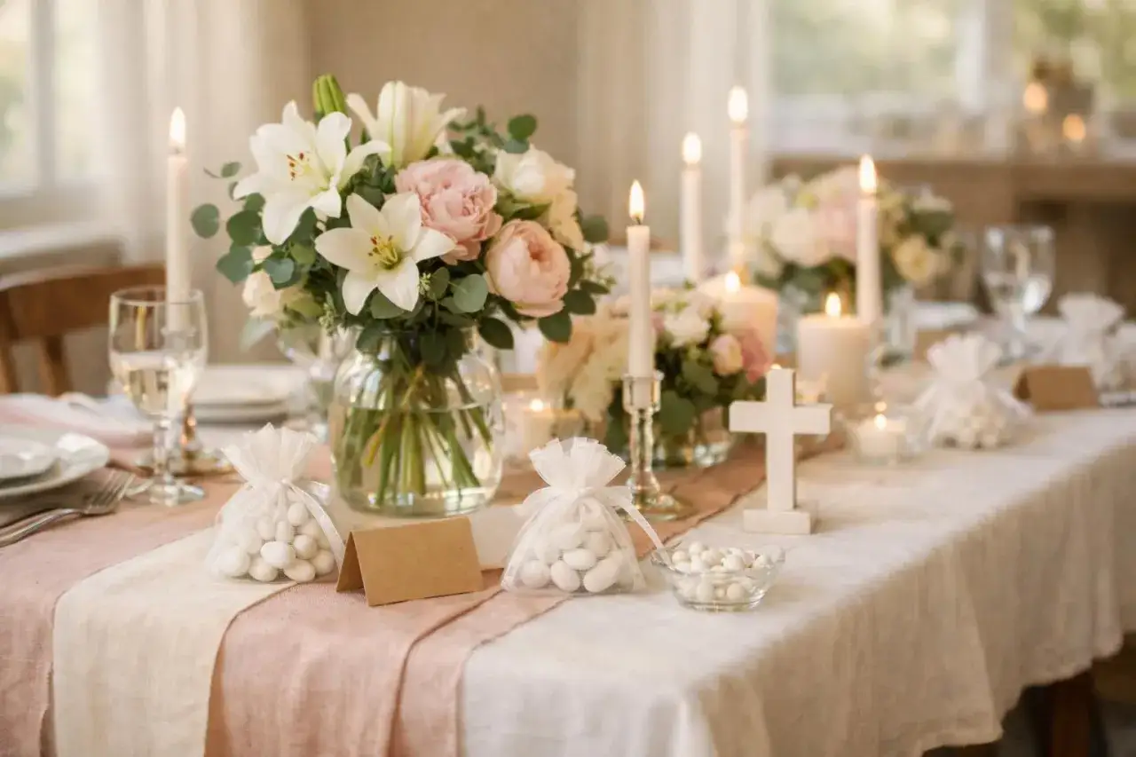 Table dressée pour un baptême en hiver : fleurs, bougies, dragées et croix.