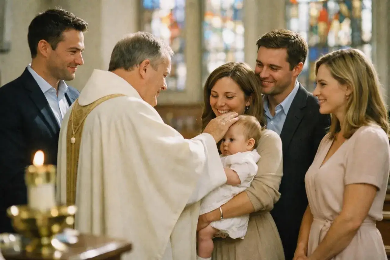 Cérémonie de baptême : le prêtre bénit un bébé. Les parents souriants, la marraine potentielle, je ne sais pas qui choisir comme marraine, et un témoin sont présents.