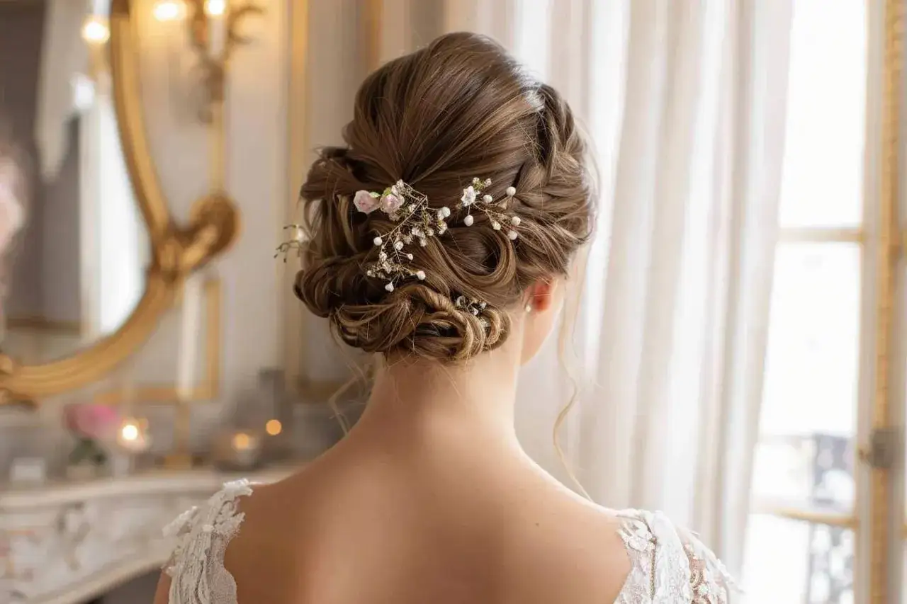 Chignon mariage romantique orné de perles et de petites fleurs roses, avec des tresses subtiles.