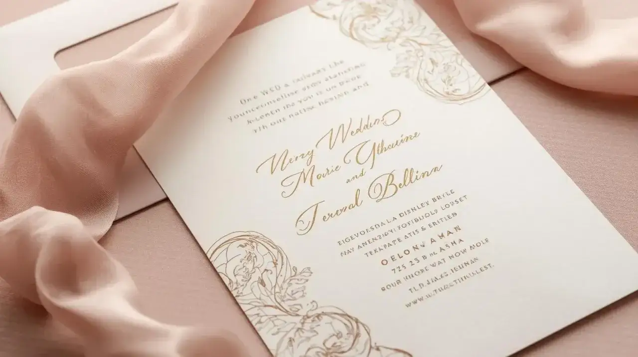 Un faire-part de mariage élégant, orné de motifs floraux dorés, annonce une union. Le texte mariage est écrit en lettres calligraphiées.