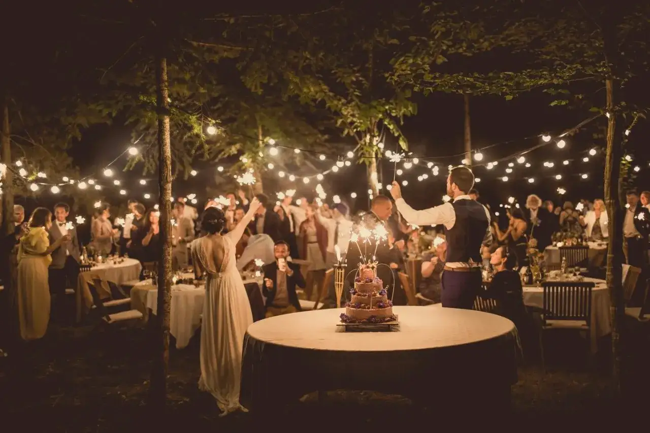 Un magnifique mariage dans son jardin, illuminé par des guirlandes et des feux de Bengale. Les mariés célèbrent avec leurs invités autour d'un gâteau.