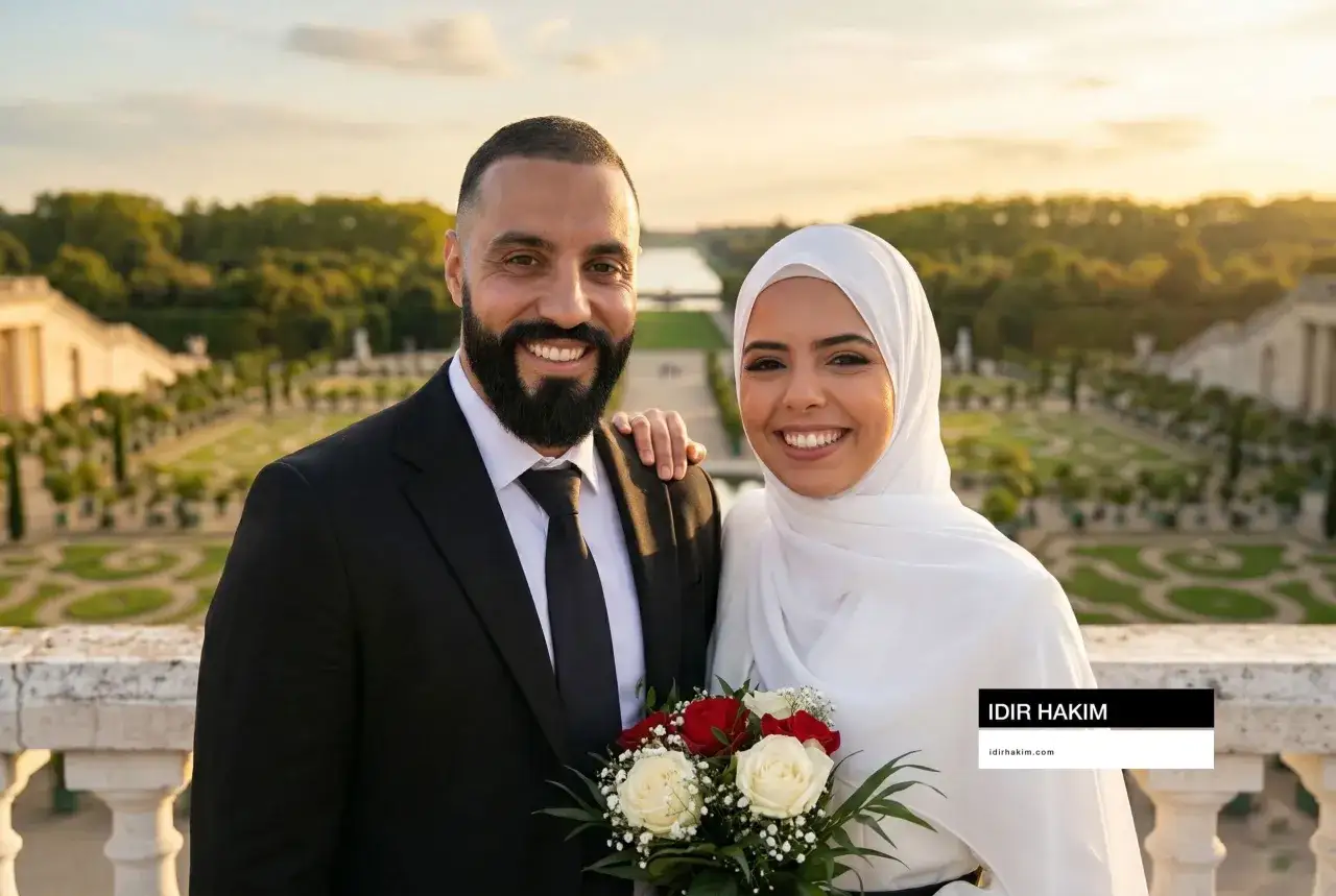 Un couple souriant, parrain et marraine pour un mariage islam, devant un jardin à la française au coucher du soleil.