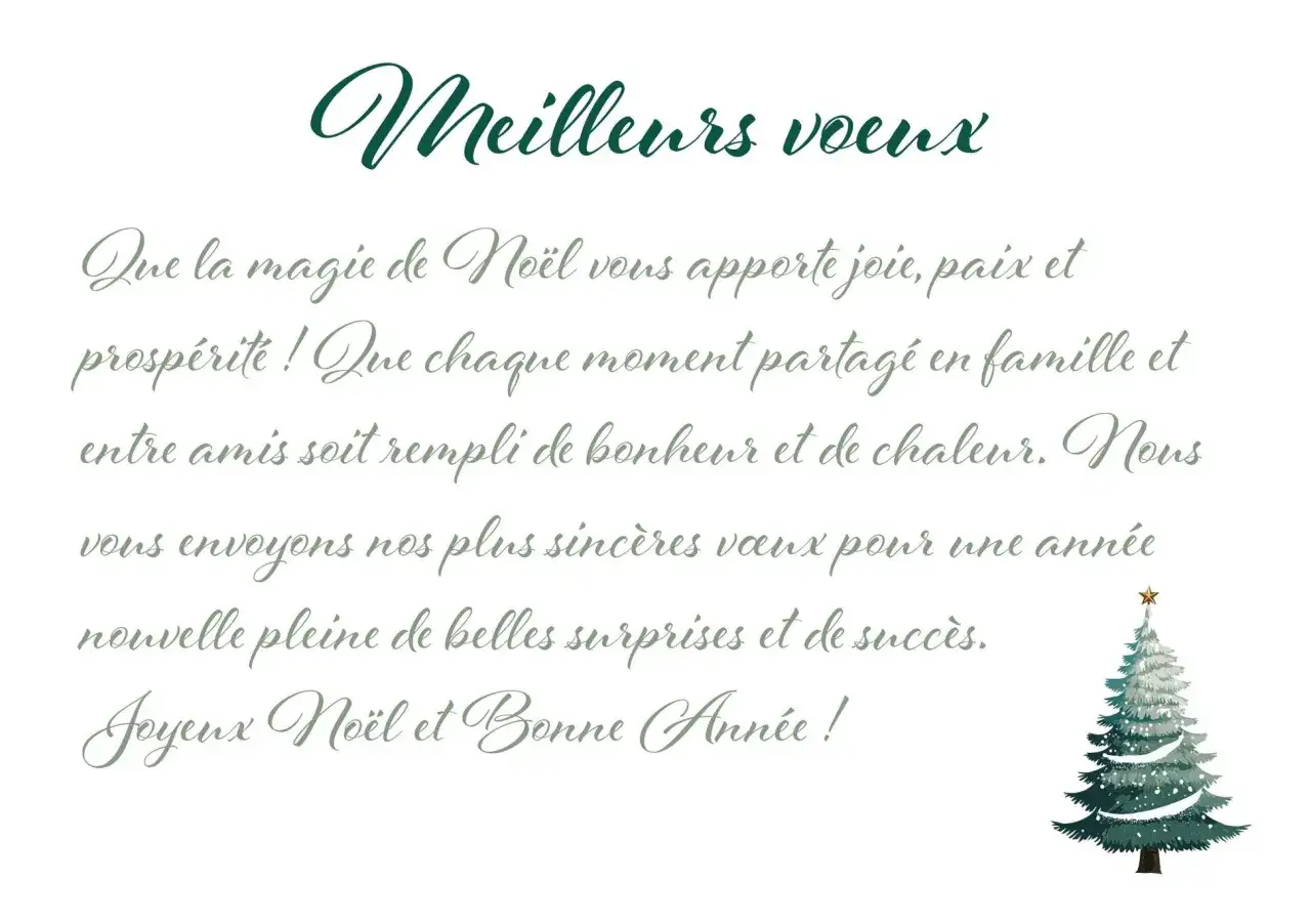 Un message de Noël original avec des vœux de joie, paix et prospérité. Un sapin décoré accompagne ces souhaits chaleureux.
