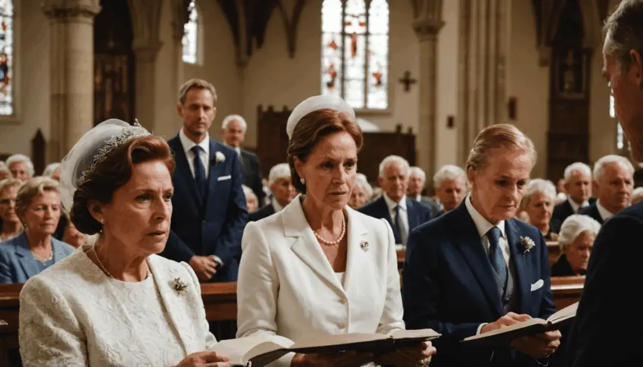 Trois femmes &eacute;l&eacute;gantes, dont une marraine de bapt&ecirc;me, &eacute;coutent attentivement un discours dans une &eacute;glise.