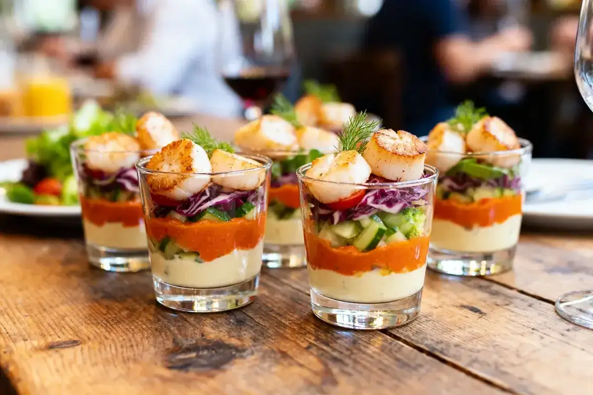 Cocktail de bienvenue mariage : verrines de Saint-Jacques poêlées, légumes croquants et sauces onctueuses. Un délice pour célébrer.