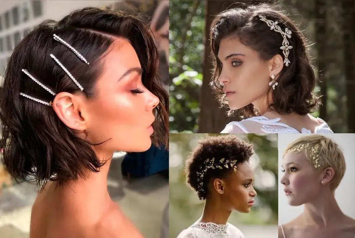 Coiffure mariage simple et chic cheveux court : épingles à strass, bijou floral, feuilles d'or. Idées pour sublimer vos cheveux courts le grand jour.