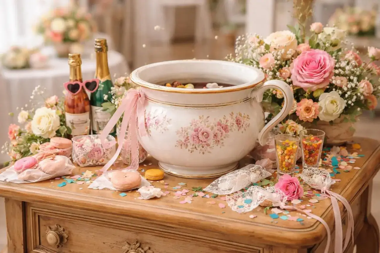 Un pot de chambre décoré de fleurs roses, prêt pour un mariage, entouré de bonbons, macarons et champagne.