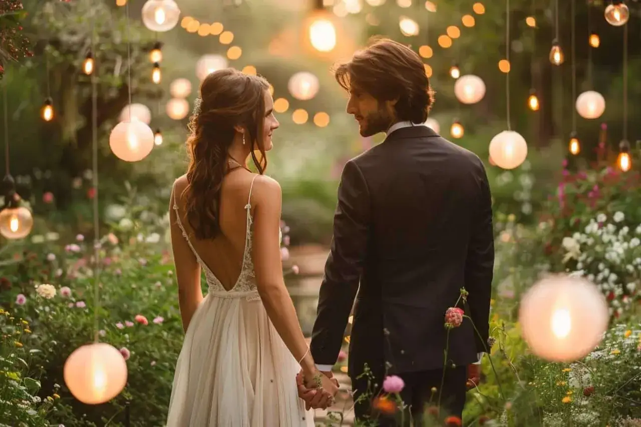 Un couple se tient la main dans un jardin illuminé de lanternes. La mariée porte une robe légère, le marié un costume sombre. Un mariage surprise plein de romantisme.