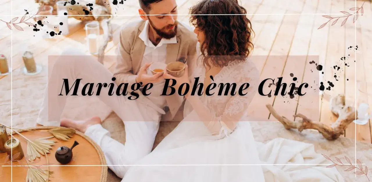 Un couple partage un thé, une scène de shooting inspiration mariage bohème chic.