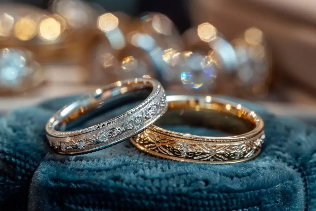 Deux alliances, l'une en or blanc, l'autre en or jaune, ornées de motifs floraux et de diamants, pour vous aider à choisir votre alliance parfaite.