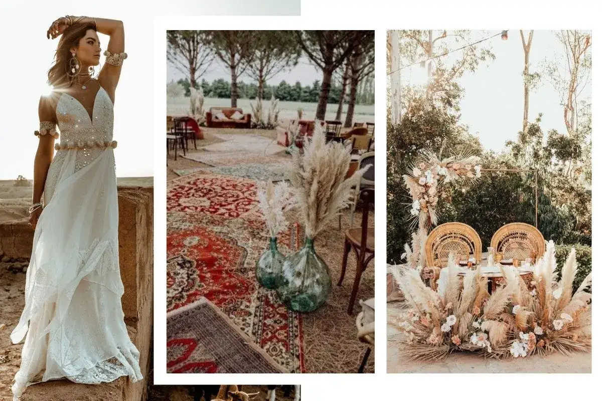 Une mariée dans une robe bohème, décor de tapis persans et d'herbes de la pampa pour un mariage bohème.