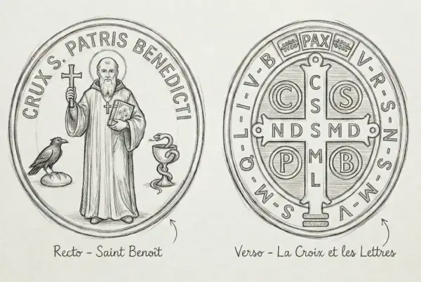 Dessin d'une médaille de Saint Benoît, recto avec le saint et verso avec la croix. Idéal pour faire bénir un bijou protecteur.