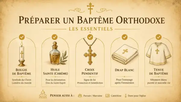 Préparer un baptême orthodoxe : bougie, huile sainte, croix, drap blanc et tenue de baptême.