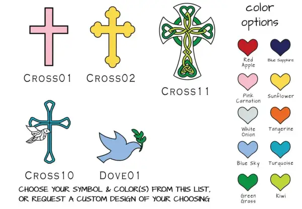 Symboles de baptême : croix, colombe, et options de couleurs pour un cadeau de parrain marraine.