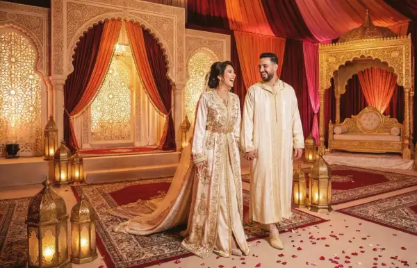 Un couple rayonnant lors d'un mariage arabe, entouré de décorations somptueuses et de lanternes dorées.