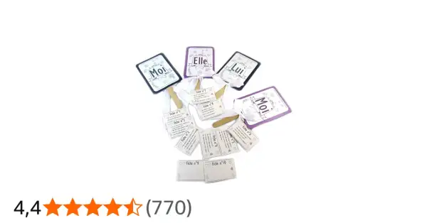 Cartes "Elle et Lui" pour un jeu de couple, avec des fiches pour mieux se connaître et des cartes "Moi", "Elle", "Lui".