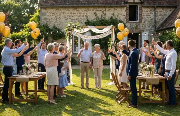 Célébration de noces d'or, une famille réunie pour trinquer à cette année de mariage spéciale.