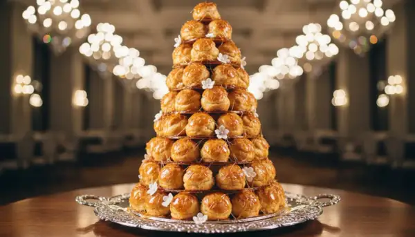 Un magnifique croquembouche, parfait pour un baptême, avec sa musique sucrée de caramel et ses petites fleurs.