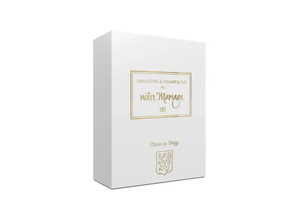 Boîte blanche pour des flûtes à champagne personnalisées mariage, avec inscription dorée "Les flûtes à champagne de notre mariage" et blason de la Mairie de Venizy.