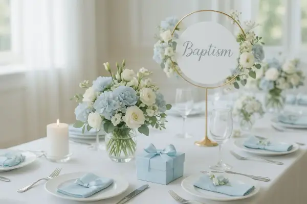 Table dressée pour un baptême de garçon avec fleurs bleues et blanches, bougie, et cadeau. Une belle idée déco baptême garçon à faire soi même.
