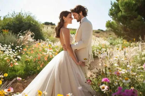 Un jeune couple s'embrasse tendrement, entouré de fleurs sauvages. Un doux mariage dans son jardin, sous le soleil éclatant.