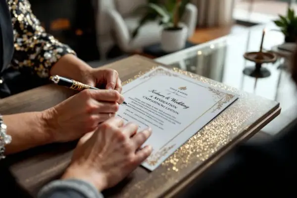 Signature d'un certificat de mariage. La réponse souhaitée avant le grand jour est en cours de rédaction.