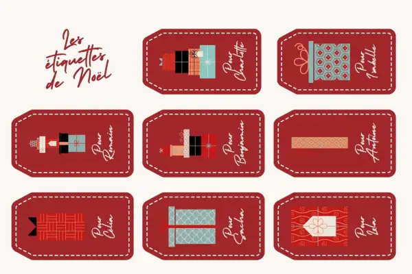 Des étiquettes de Noël personnalisées à imprimer, ornées de cadeaux stylisés et de noms pour chaque destinataire.