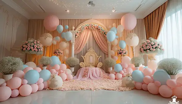 Décoration de baptême fille originale : trône doré, ballons roses et bleus, fleurs. Une scène féerique pour un événement inoubliable.