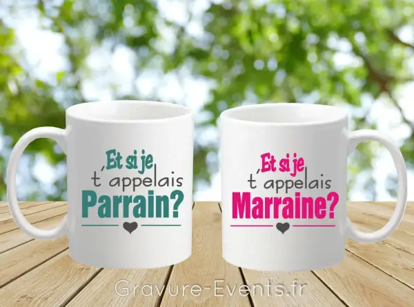 Deux tasses blanches avec l'inscription "Et si je t'appelais Parrain?" et "Et si je t'appelais Marraine?". Un cadeau original pour demander à quelqu'un d'être parrain ou marraine.