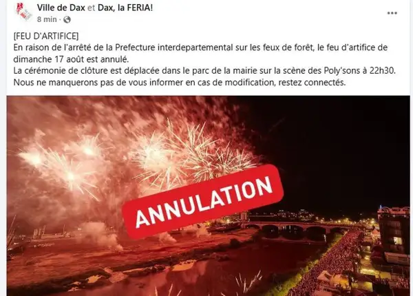 Feu d'artifice annulé suite à un arrêté préfectoral. La scène des Poly'sons accueillera la cérémonie de clôture.