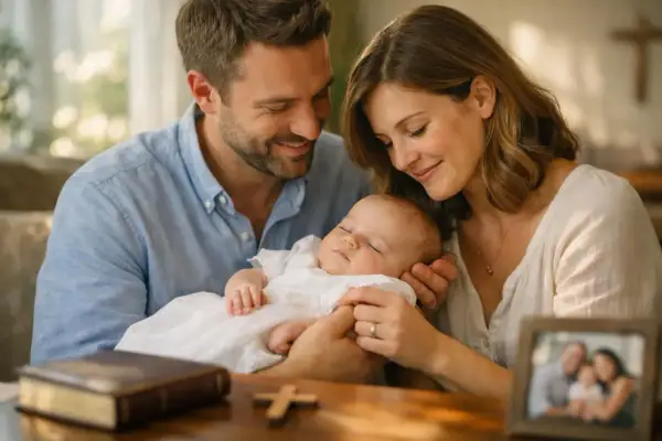 Un couple souriant tient leur bébé endormi, habillé en blanc. Un livre et une croix sont sur la table, suggérant un baptême. Le père est le parrain.