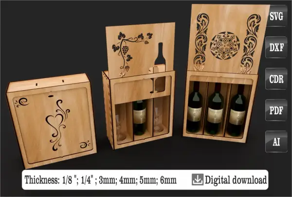Caisse bois vin personnalisé mariage, idéale pour offrir ou décorer. Modèles gravés de cœurs, vignes et rosaces. Fichiers numériques disponibles.