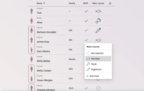Liste invités mariage : Tom (marié), Alisa (mariée), Barbara Gonzalez, James Gray, Sam Adams, Betty Bailey, Betty Cooper, Susan Morgan, Charles Johnson. Choix du plat pour James Gray : "Sea Bass".