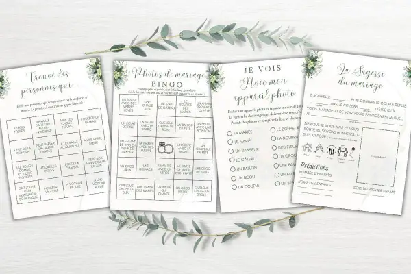 Jeux pour mariage à imprimer : Bingo "Trouve des personnes qui", "Photos de mariage Bingo", "Je vois avec mon appareil photo" et "La Sagesse du mariage".
