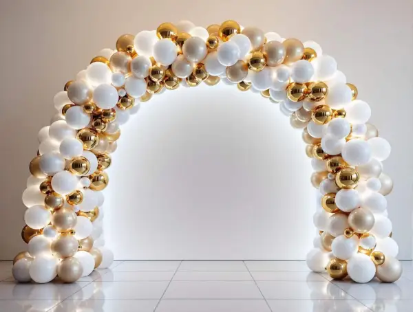 Une arche de ballons blancs et dorés, parfaite pour apprendre comment faire une colonne de ballon.