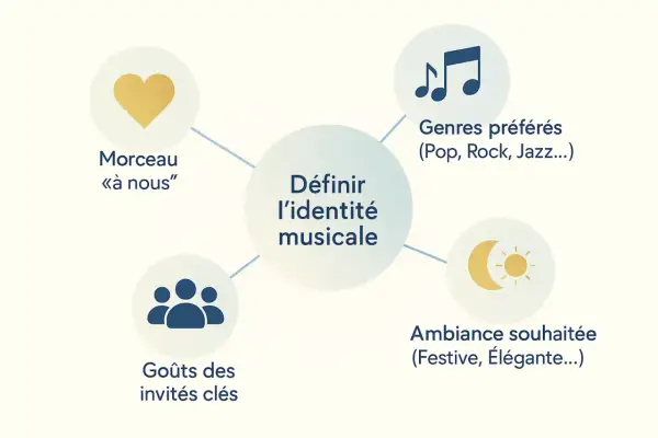 Schéma pour définir l'identité musicale d'une playlist mariage pour danser : morceau à nous, genres, invités, ambiance.